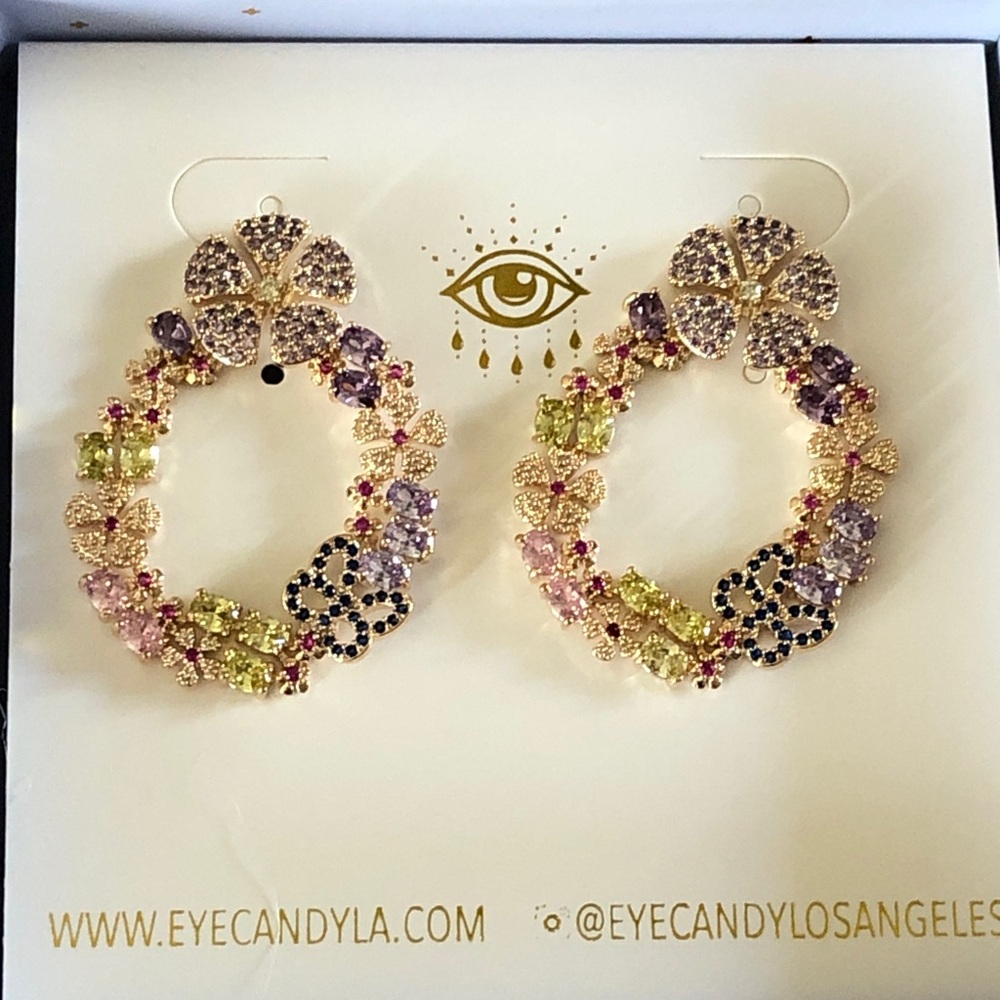 Eye Candy Gold Tone & Multicolor Flower & Butterfly Drop Earrings Crystal NIB